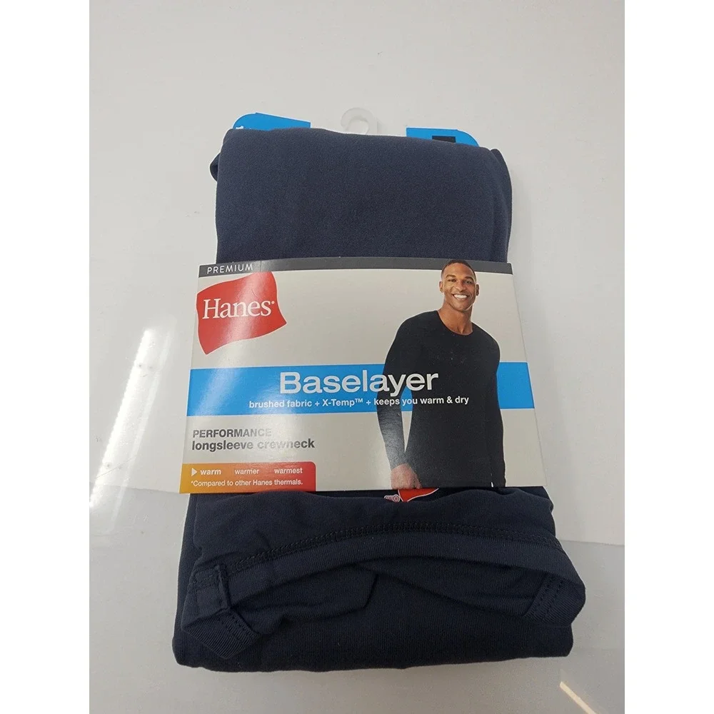 Hanes Mens Baselayer Long Sleeve Crewneck Blue Polyester Blend Athletic Size M